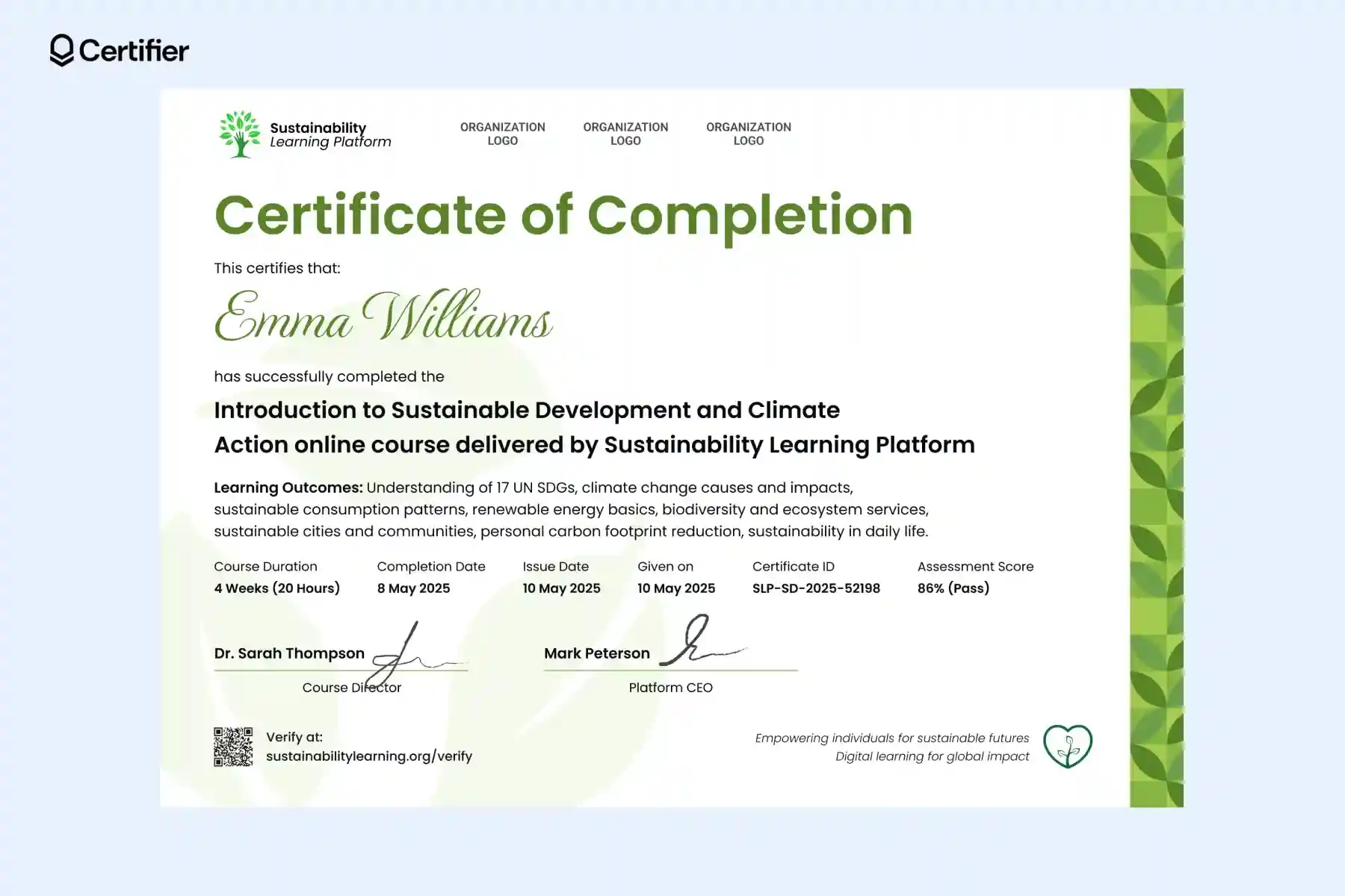 Sustainable design certificate template with framework alignment covering sustainability concepts and reporting standards. Sustainable design certificate template with framework alignment covering sustainability concepts and reporting standards.