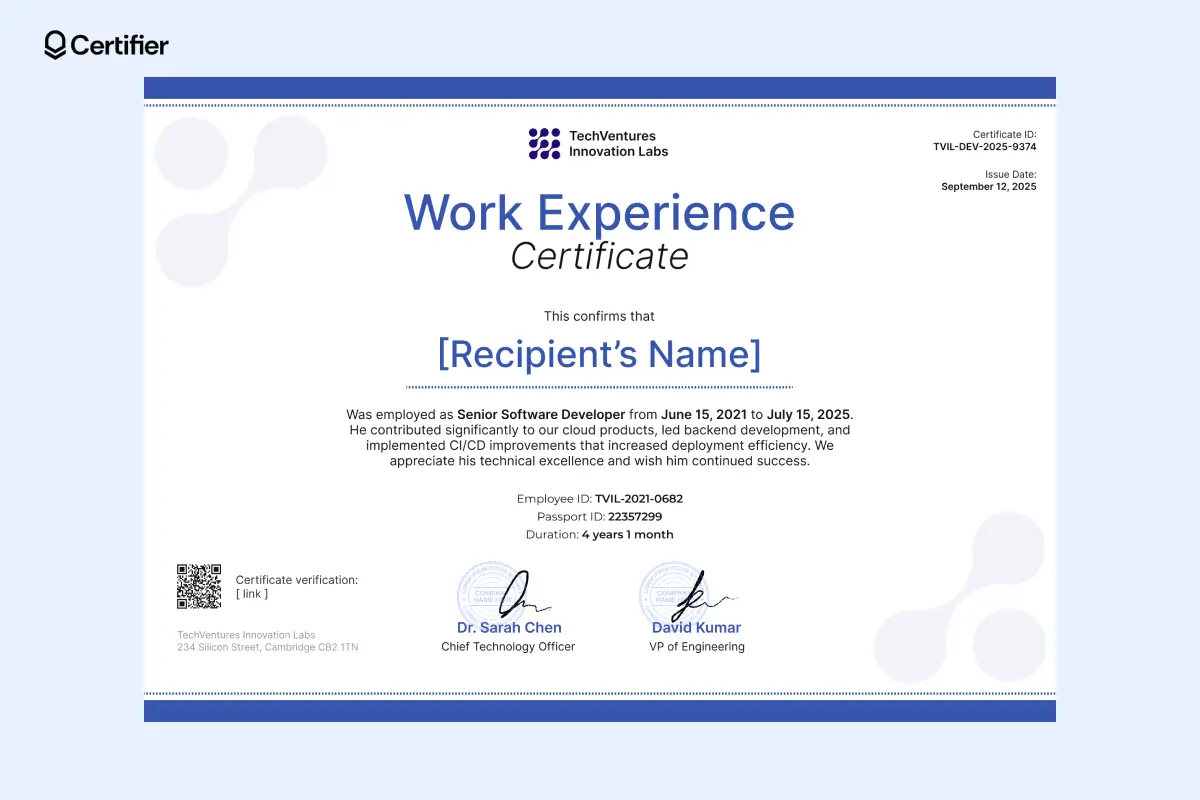 rofessional employee work experience certificate template with ID fields and verification details. rofessional employee work experience certificate template with ID fields and verification details.