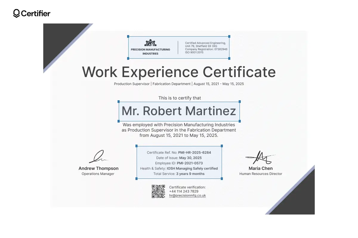Work experience certificate template with editable fields. Work experience certificate template with editable fields.