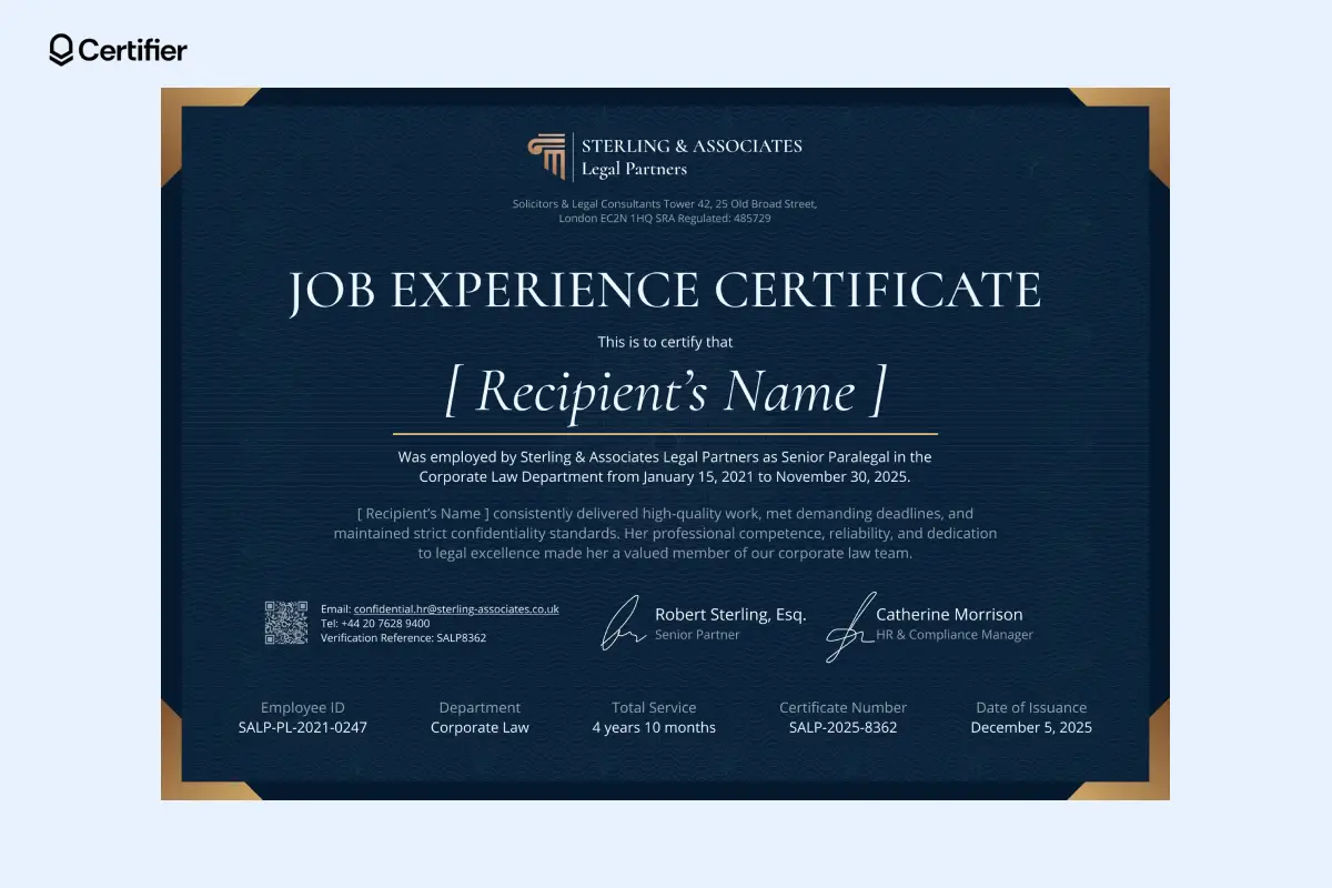 Elegant work experience certificate template with company address, export-ready business format, dark background and formal design idea. Elegant work experience certificate template with company address, export-ready business format, dark background and formal design idea.