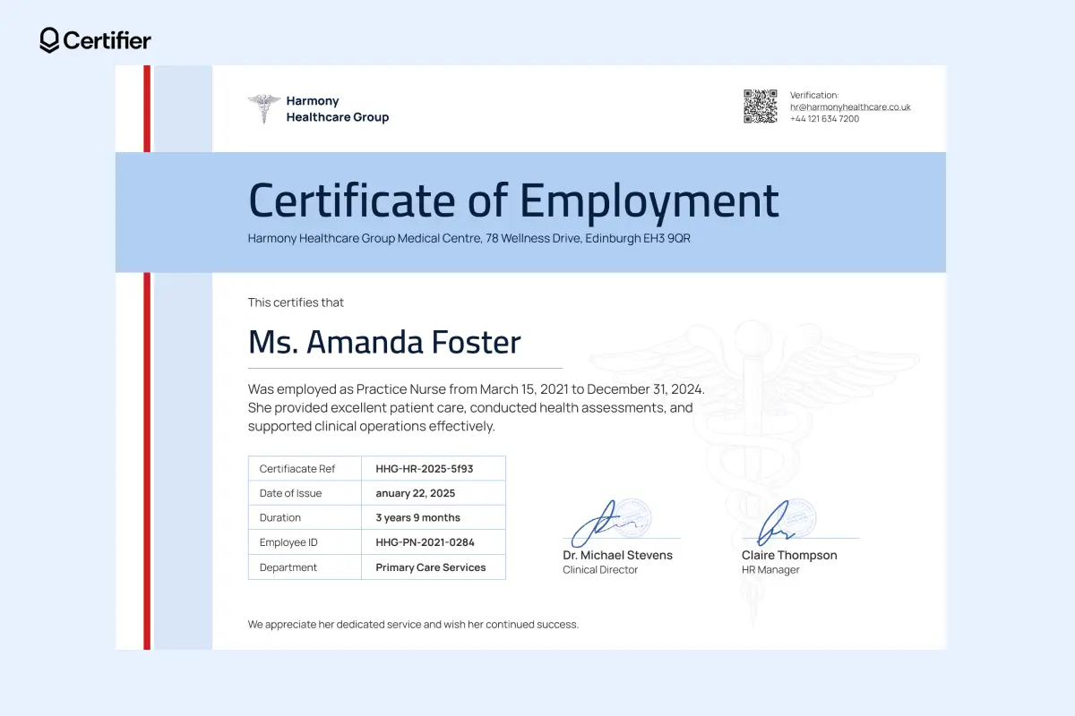 Certificate of employment for healthcare staff with blue header, data table and clinical signatures Certificate of employment for healthcare staff with blue header, data table and clinical signatures