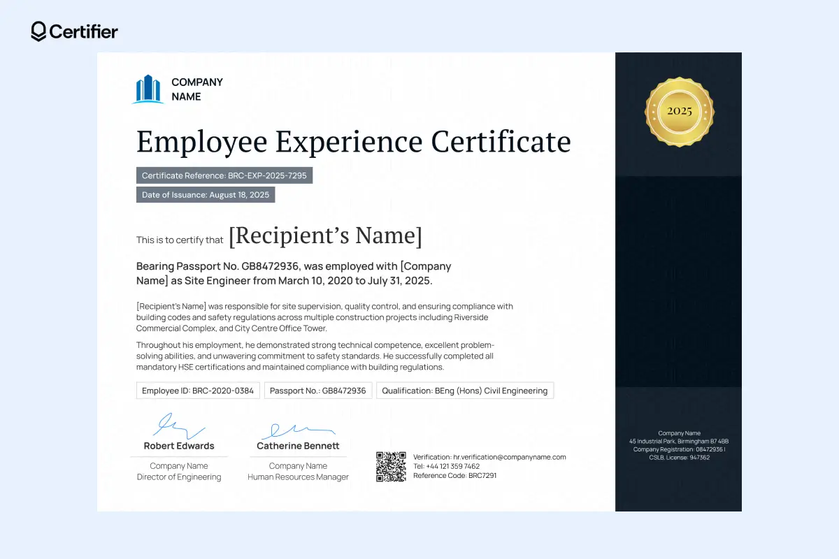 Professional employee work experience certificate template with ID fields and verification details. Professional employee work experience certificate template with ID fields and verification details.