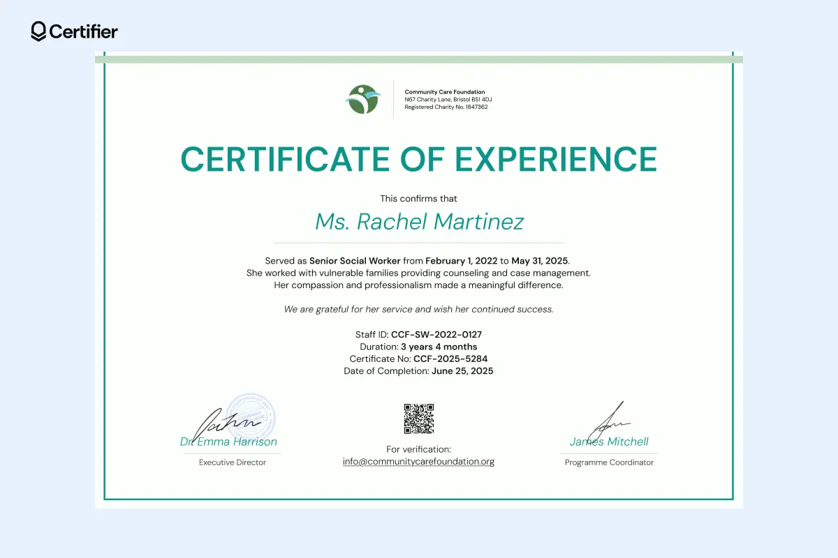 Employee experience certificate showing a clear process used by an office to recognize and demonstrate professional service. Employee experience certificate showing a clear process used by an office to recognize and demonstrate professional service.