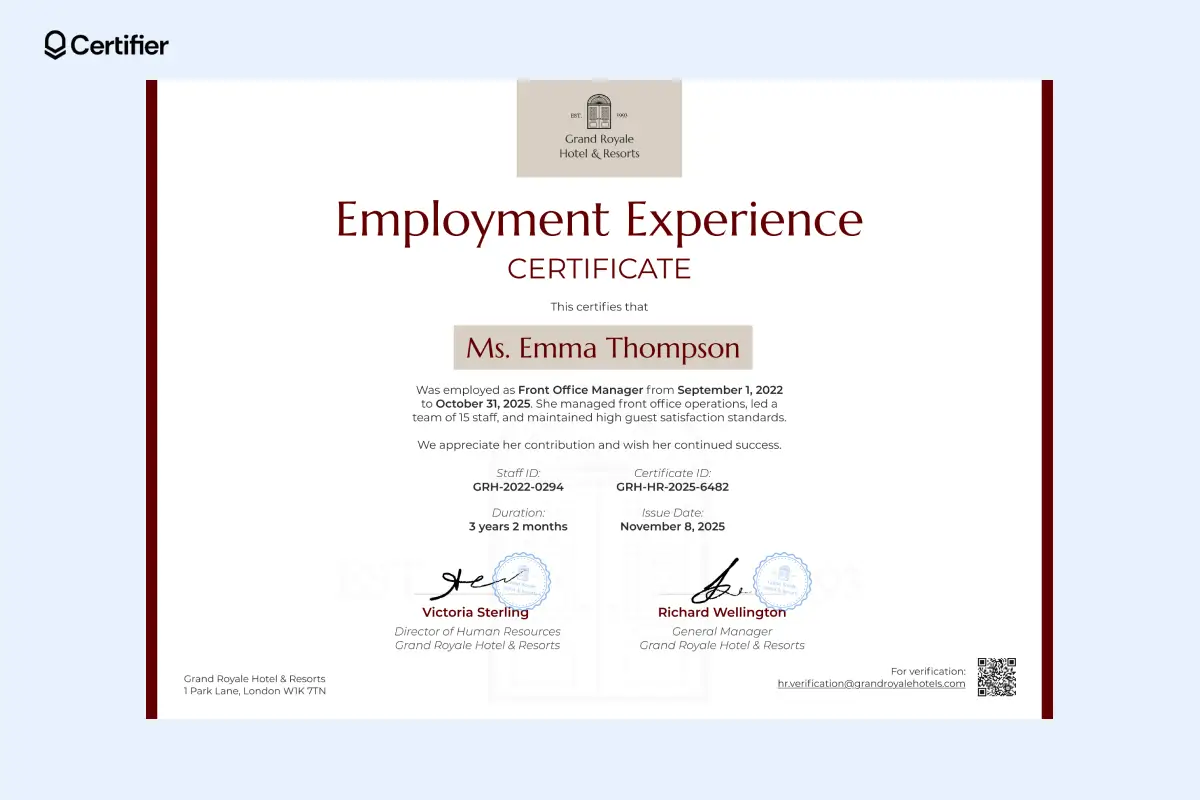 Authoritative certificate of work experience from employer in beige and burgundy; includes a QR code. Authoritative certificate of work experience from employer in beige and burgundy; includes a QR code.