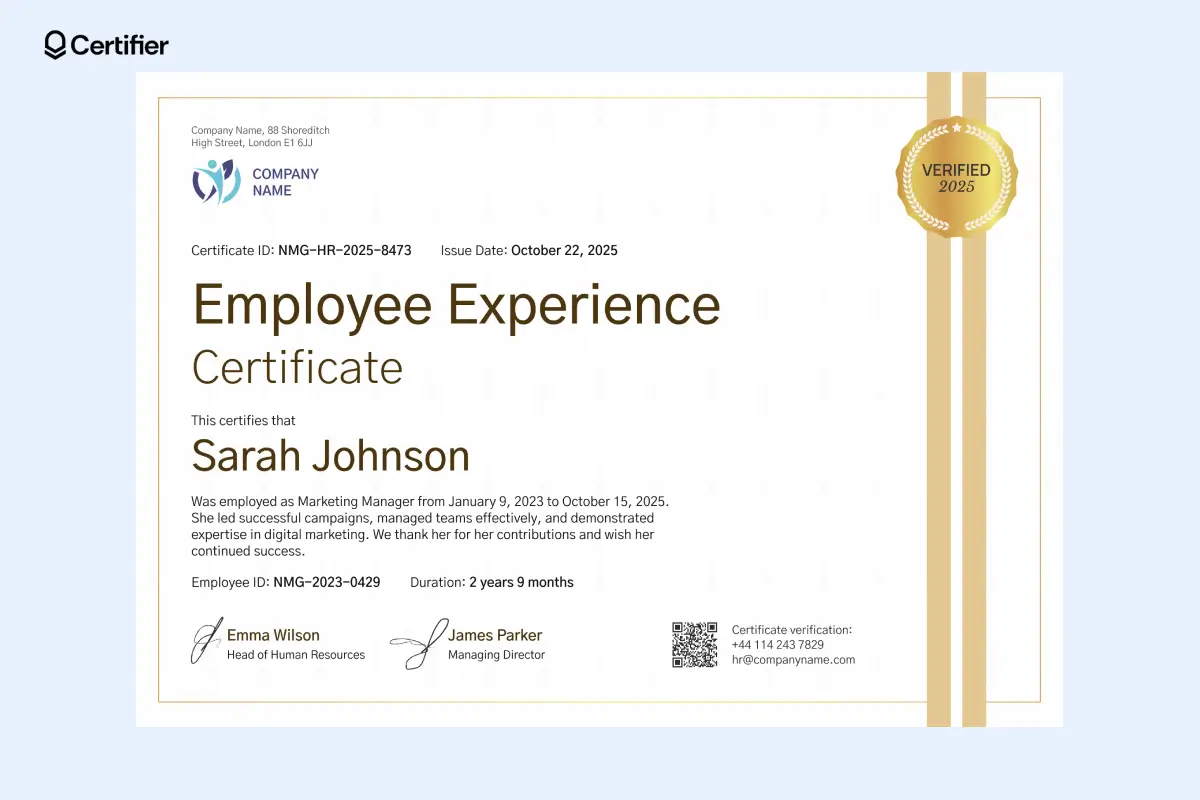 Work experience certificate designed for office use to demonstrate a recognized employment process. Work experience certificate designed for office use to demonstrate a recognized employment process.