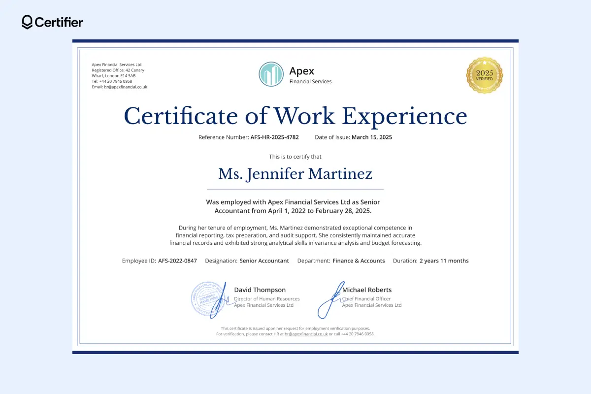 Clean work experience certificate template with company logo, verified badge and dual signatures. Clean work experience certificate template with company logo, verified badge and dual signatures.