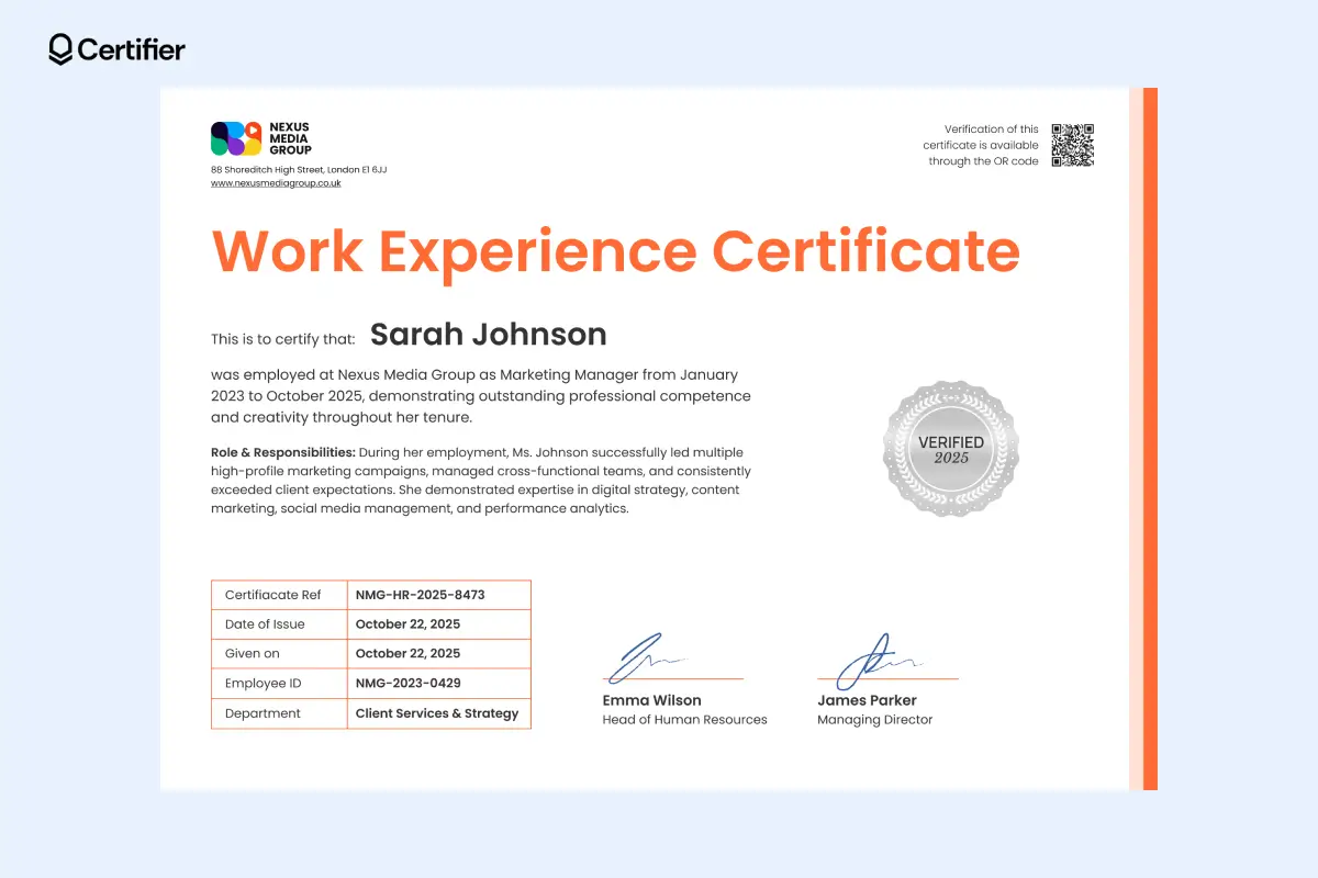 Work experience certificate with bold orange header, verified badge, structured info table and dual signatures for professional use. Work experience certificate with bold orange header, verified badge, structured info table and dual signatures for professional use.