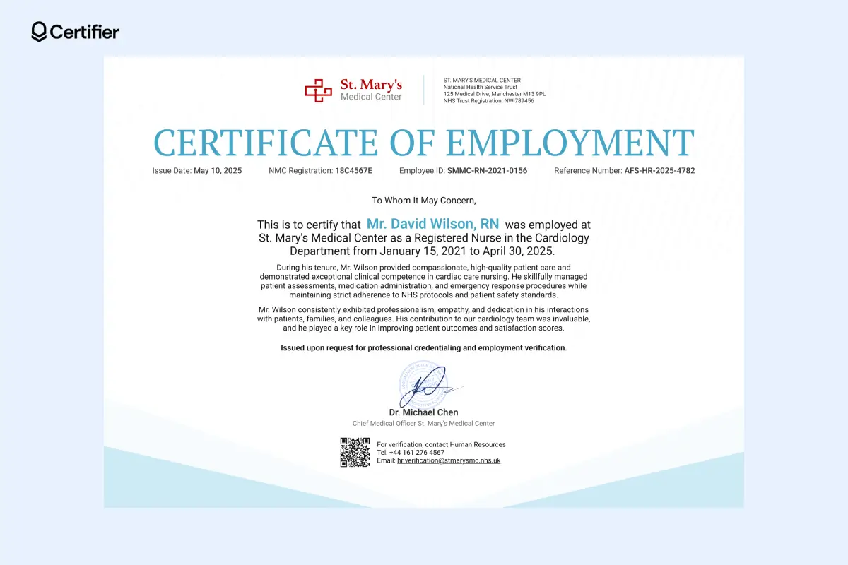 Verified work experience certificate template with QR code and structured employee details. Verified work experience certificate template with QR code and structured employee details.