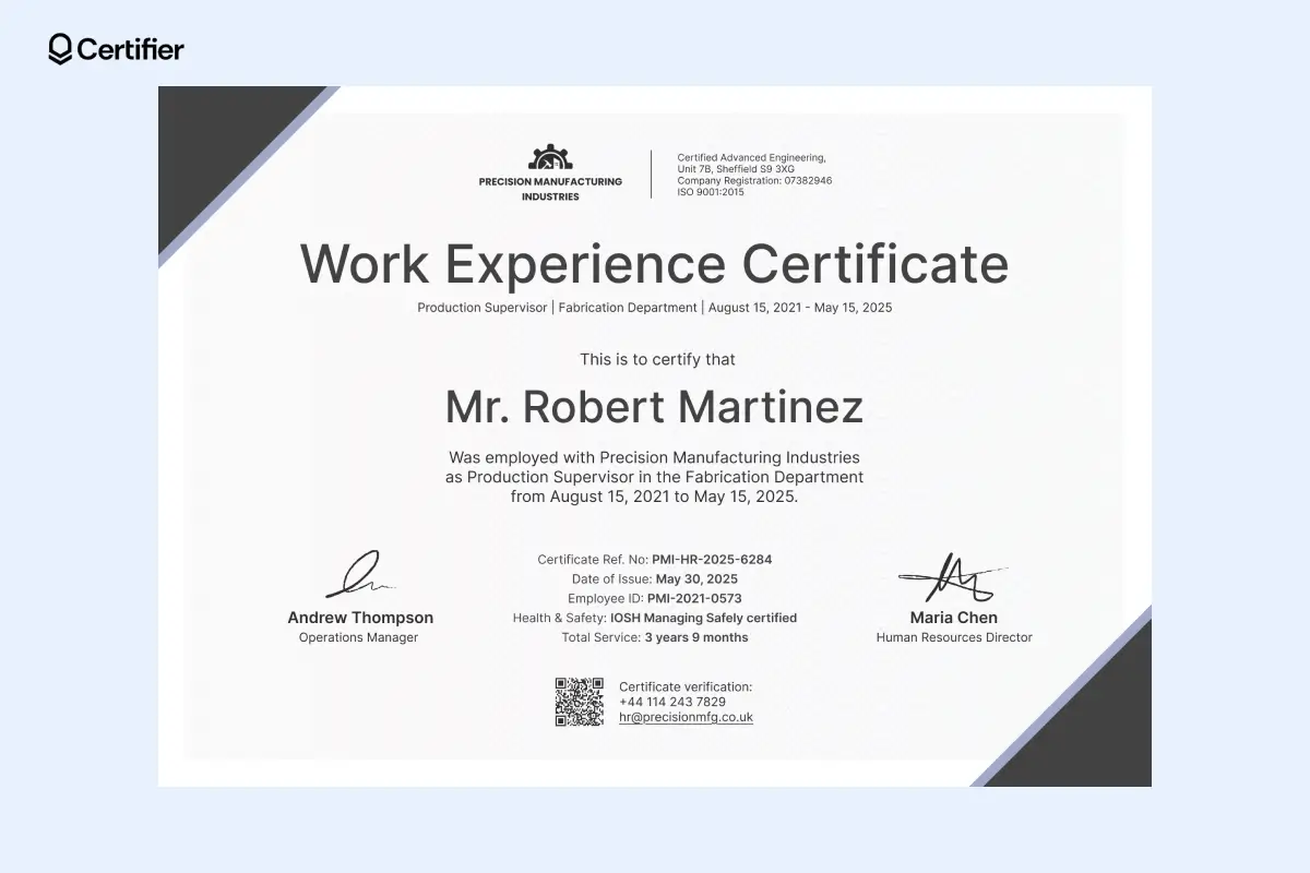 Professional work experience certificate template for print with clear graphics, listed qualifications and real-life verification details. Professional work experience certificate template for print with clear graphics, listed qualifications and real-life verification details.