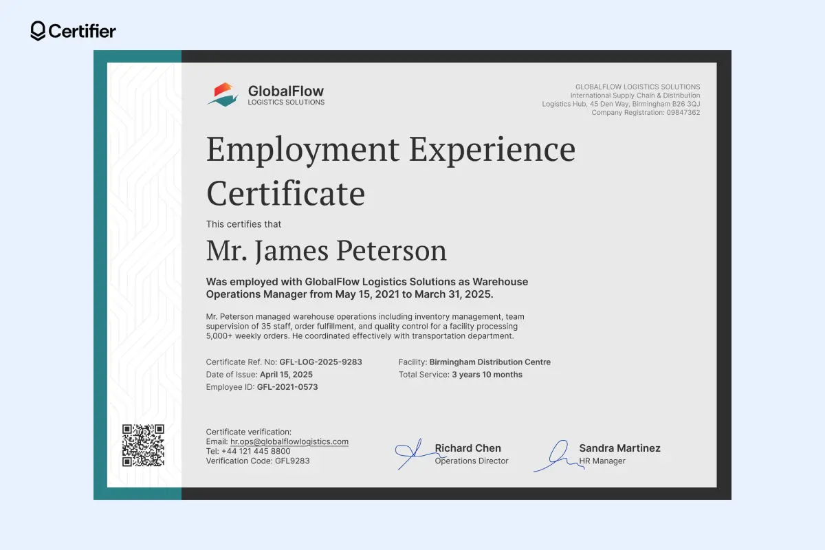 Work experience certificate with icons that confirm required participation, acknowledge finished roles, ensure individuals choose how to comment. Work experience certificate with icons that confirm required participation, acknowledge finished roles, ensure individuals choose how to comment.