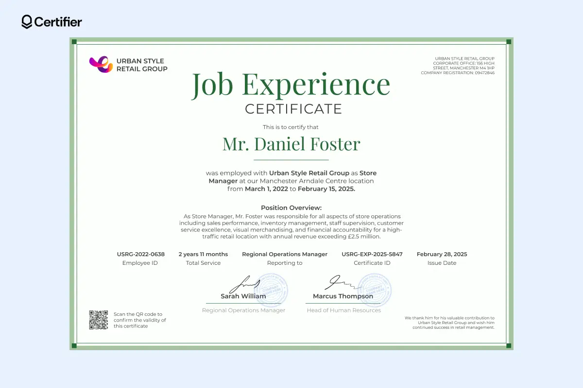 Structured certificate of work experience template with position overview and dual signatures. Structured certificate of work experience template with position overview and dual signatures.