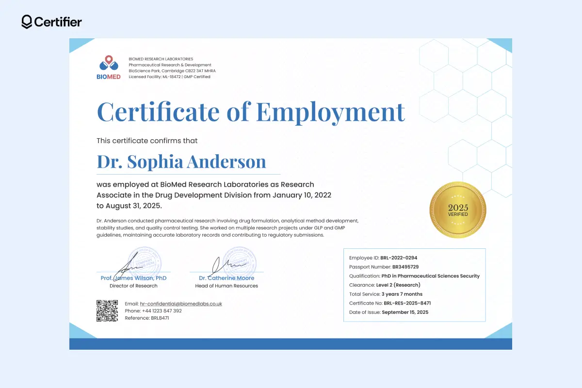 Certification of work experience sample showing how users save verified achievements from when they were employed. Certification of work experience sample showing how users save verified achievements from when they were employed.