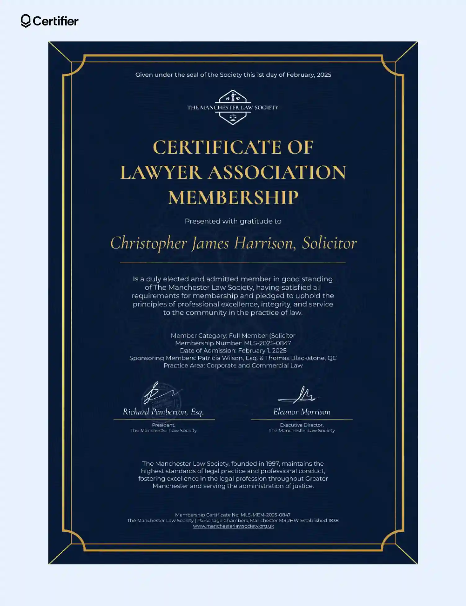 Professional lawyer membership certificate template with navy and gold frame, easy to customize for download, print and official certificates to elevate status. Professional lawyer membership certificate template with navy and gold frame, easy to customize for download, print and official certificates to elevate status.