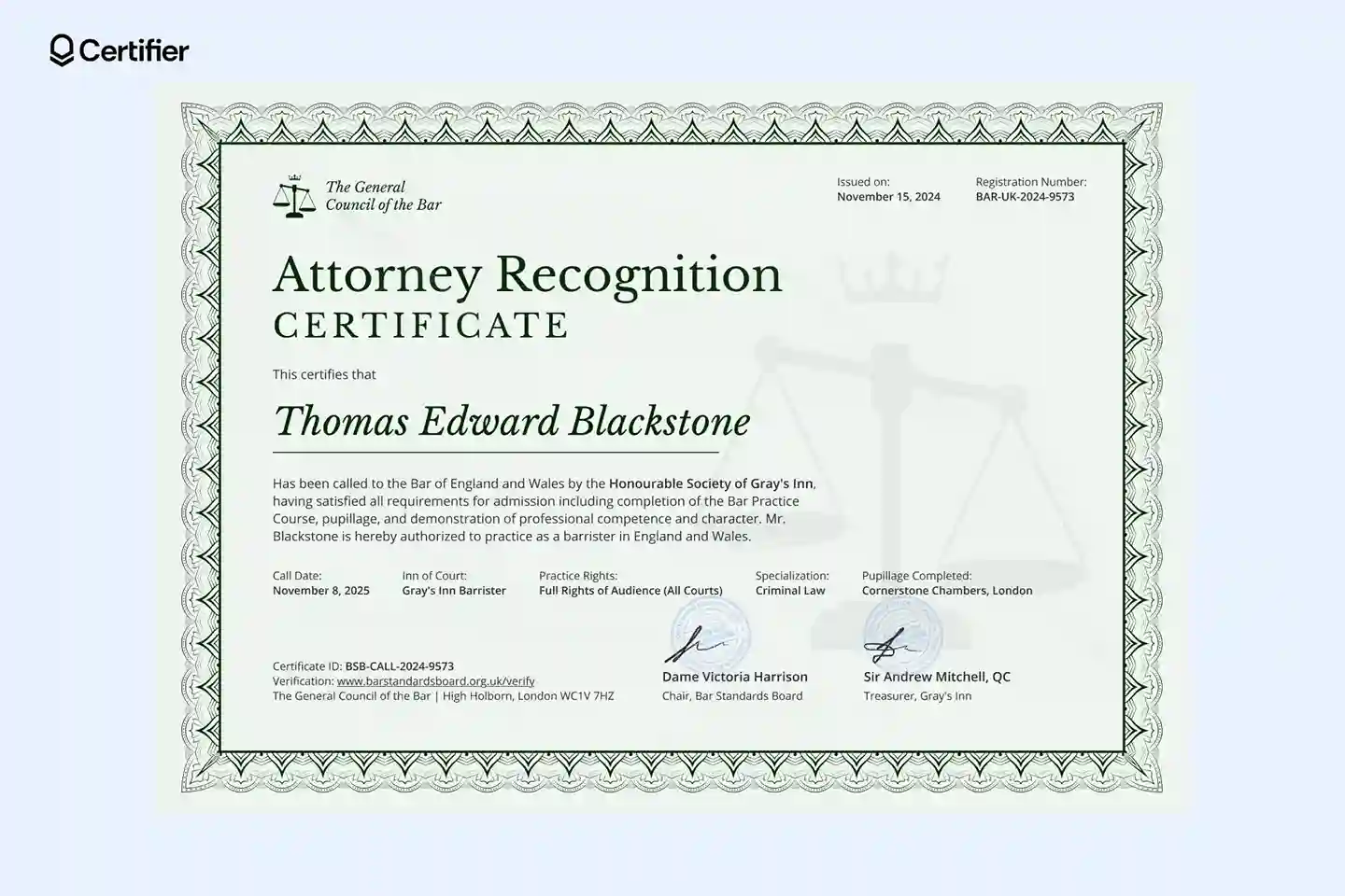 Professional attorney recognition certificate template with green frame, easy to customize for print, verification and formal certificates; can be used as a bar exam certificate template. Professional attorney recognition certificate template with green frame, easy to customize for print, verification and formal certificates; can be used as a bar exam certificate template.
