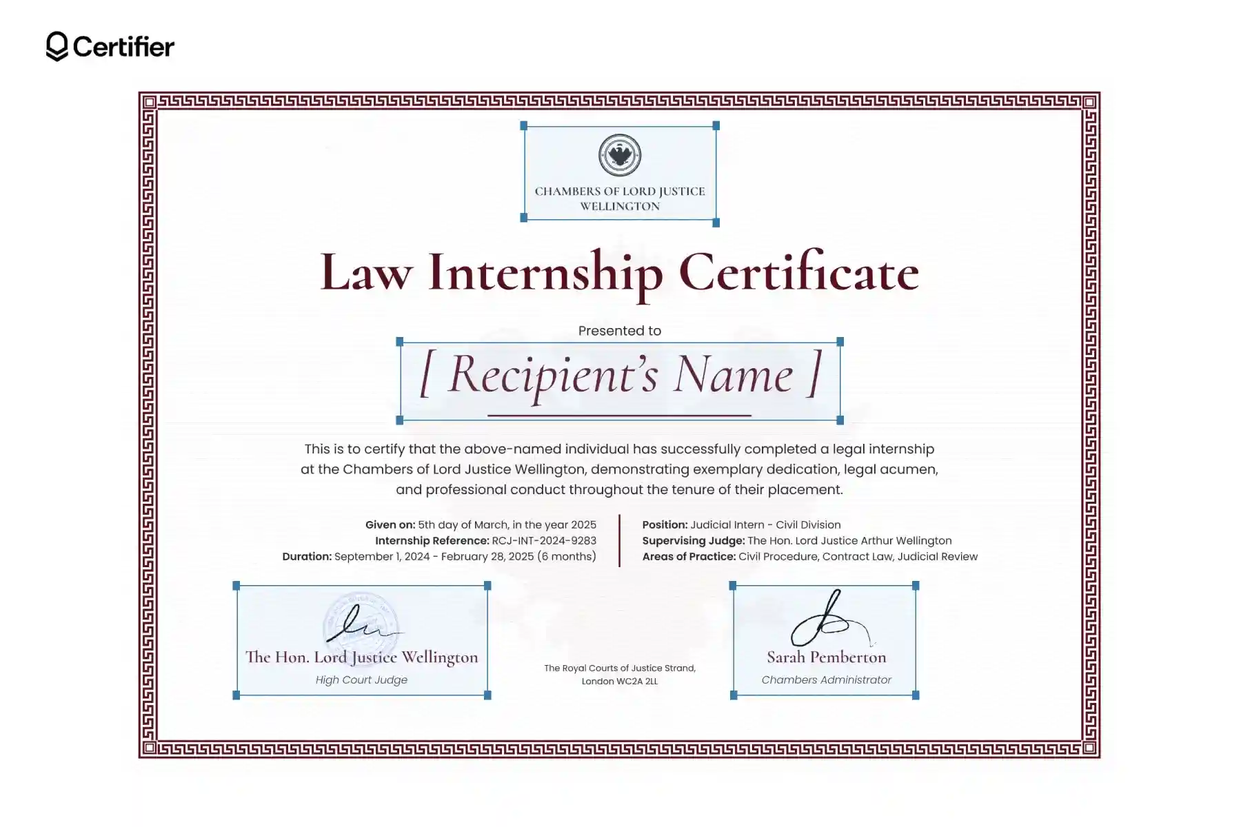 Bright law internship certificate template with editable fields; features red, ornamental frame and sans-serif typography. Bright law internship certificate template with editable fields; features red, ornamental frame and sans-serif typography.