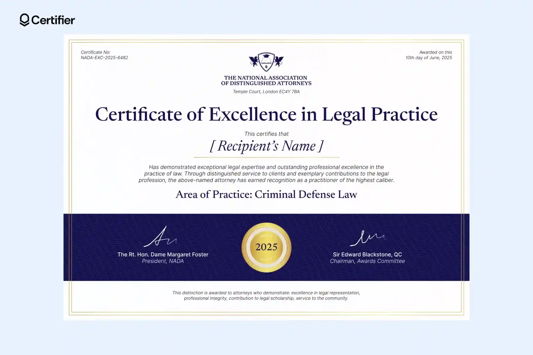 Distinguished lawyer certificate template with gold frame, navy accent band, award seal, signatures and practice area text that enhance recognition. Distinguished lawyer certificate template with gold frame, navy accent band, award seal, signatures and practice area text that enhance recognition.