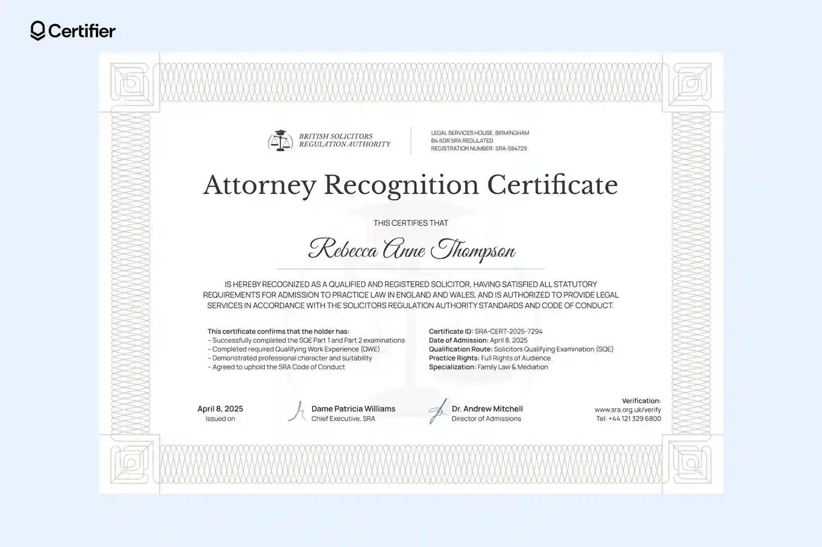 Official attorney certificate template with neutral tones, geometric border, qualification details, certificate ID and signatures. Official attorney certificate template with neutral tones, geometric border, qualification details, certificate ID and signatures.