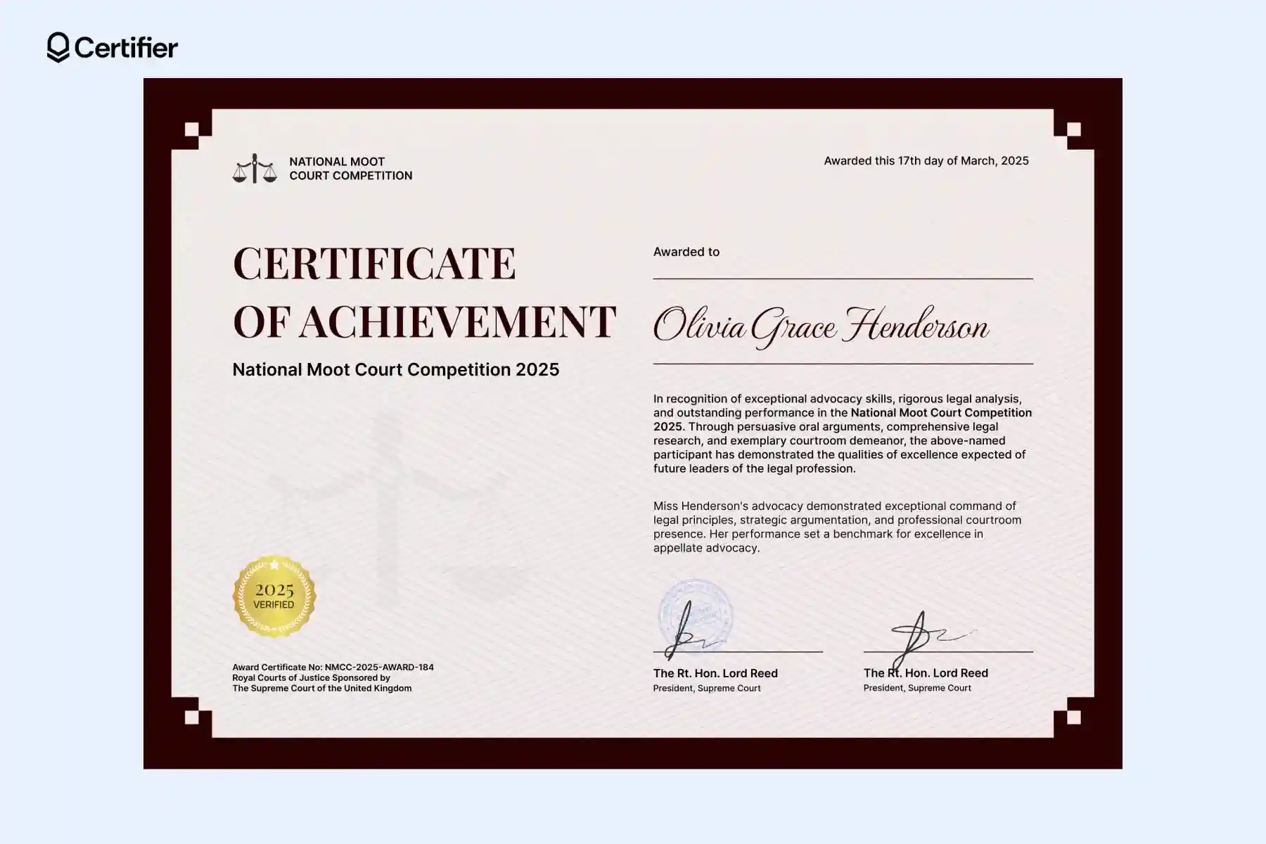 Achievement award certificate template with burgundy frame, easy to customize for professional download, print and competition recognition using clear word hierarchy. Achievement award certificate template with burgundy frame, easy to customize for professional download, print and competition recognition using clear word hierarchy.