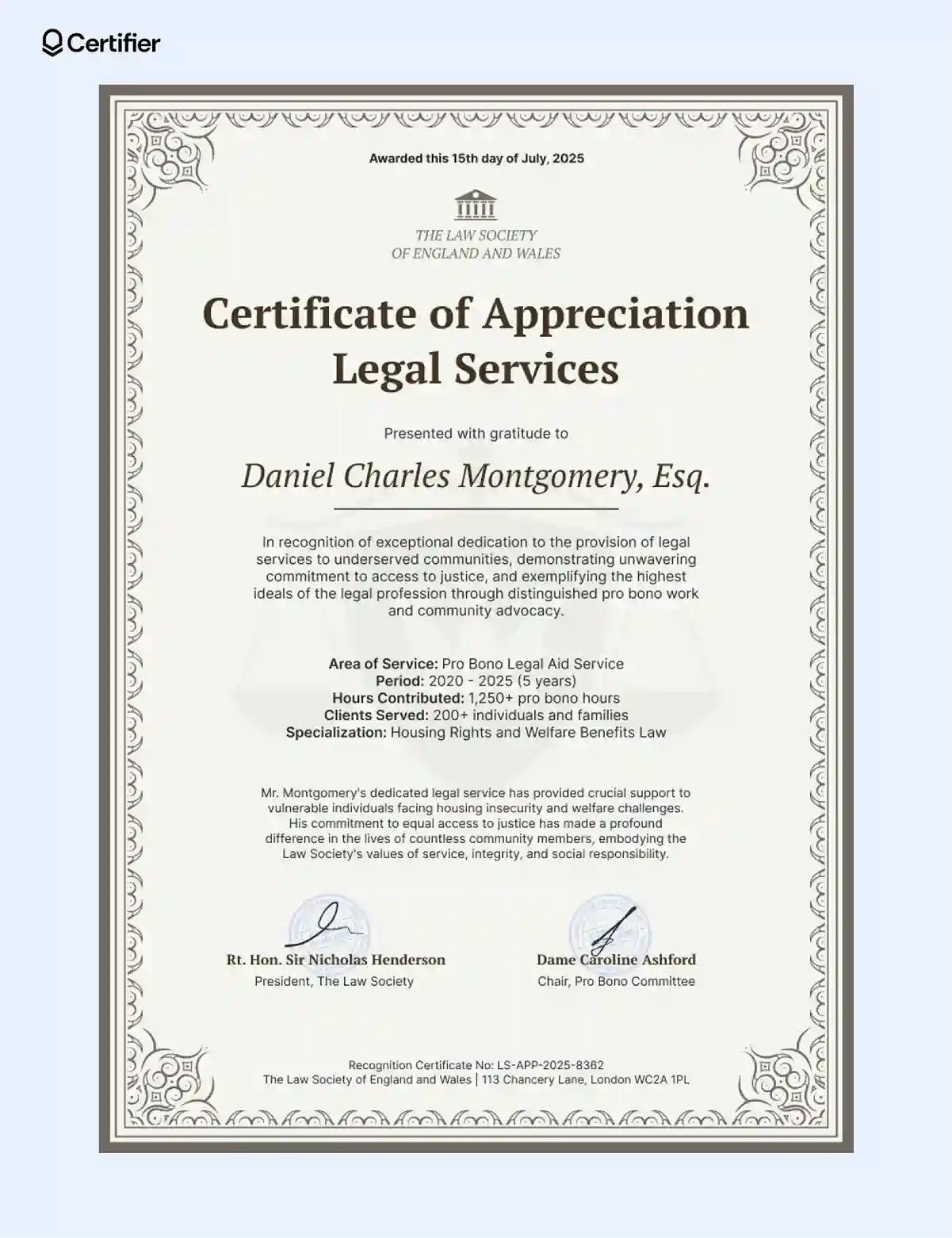 Professional lawyer award certificate template with ornate beige frame, easy to customize for print, recognition and participation on a special day. Professional lawyer award certificate template with ornate beige frame, easy to customize for print, recognition and participation on a special day.