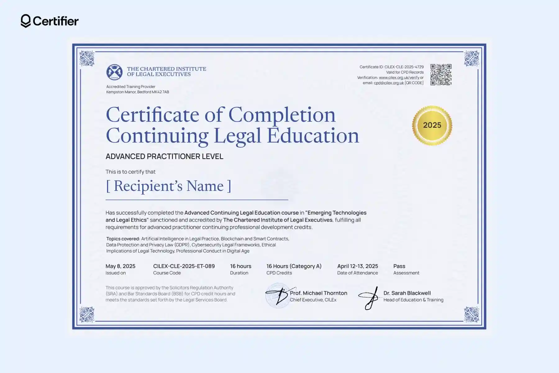 Professional CLE certificate template with blue frame, easy to customize for achievement awards, digital download and print-ready certificate. Professional CLE certificate template with blue frame, easy to customize for achievement awards, digital download and print-ready certificate.