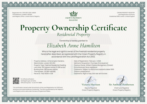 Green residential property ownership certificate layout with registry details, owner name, and signatures