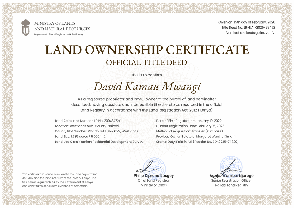 Formal brown land ownership certificate layout with land reference, registration, location, and official signature fields