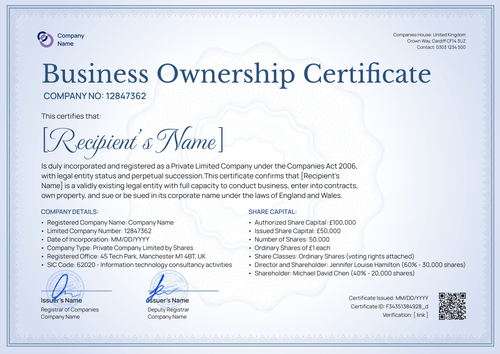 Formal blue ownership certificate layout with company details, ownership statement, capital information, and signatures