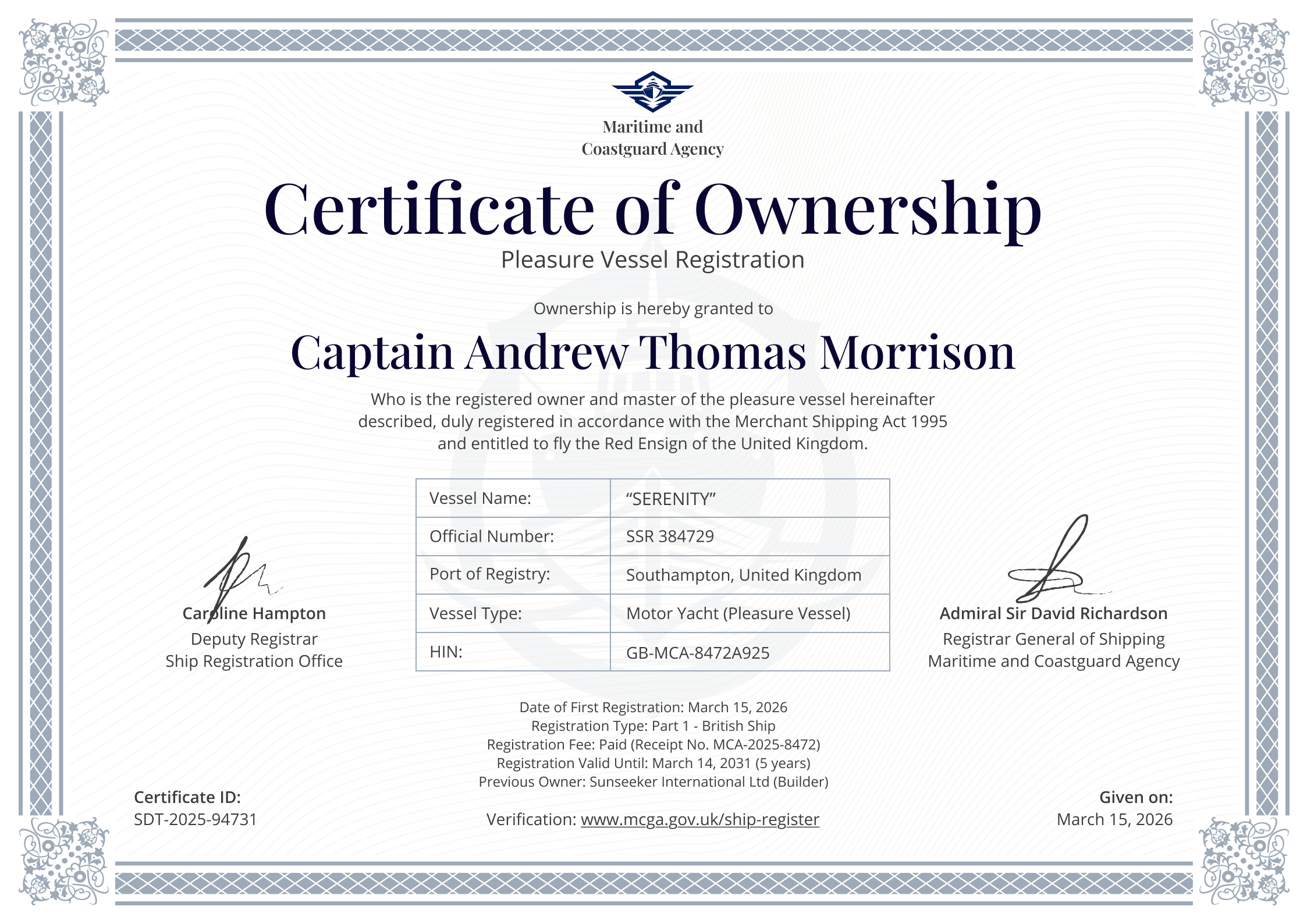 Ownership Blue Professional and nautical certificate of ownership template
