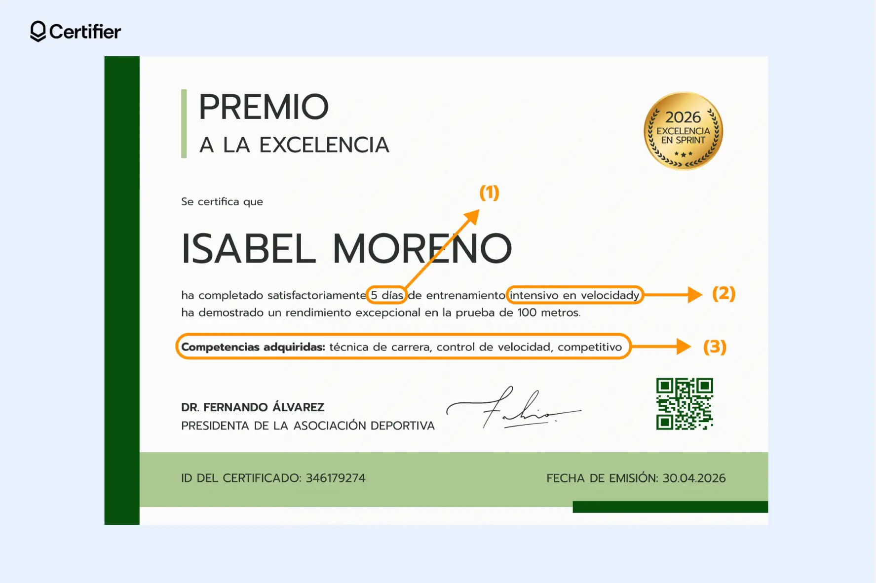 Certificado digital de participación que muestra nombre, duración del entrenamiento, competencias adquiridas y código QR de verificación — ejemplo de certificado vs diploma. Certificado digital de participación que muestra nombre, duración del entrenamiento, competencias adquiridas y código QR de verificación — ejemplo de certificado vs diploma.