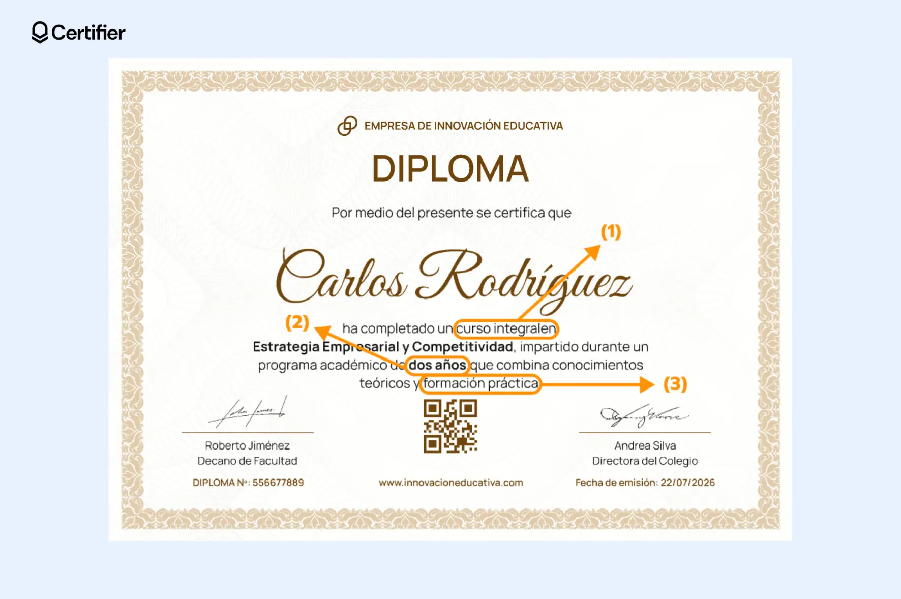 Diploma digital que certifica la finalización de un curso académico de dos años con formación práctica, ejemplo visual de las diferencias entre certificado vs diploma. Diploma digital que certifica la finalización de un curso académico de dos años con formación práctica, ejemplo visual de las diferencias entre certificado vs diploma.