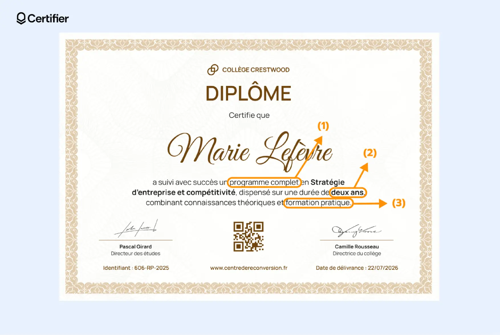 Exemple de diplôme certifiant la réussite d’un programme complet de deux ans avec formation pratique — illustrant la différence entre certificat et diplôme. Exemple de diplôme certifiant la réussite d’un programme complet de deux ans avec formation pratique — illustrant la différence entre certificat et diplôme.