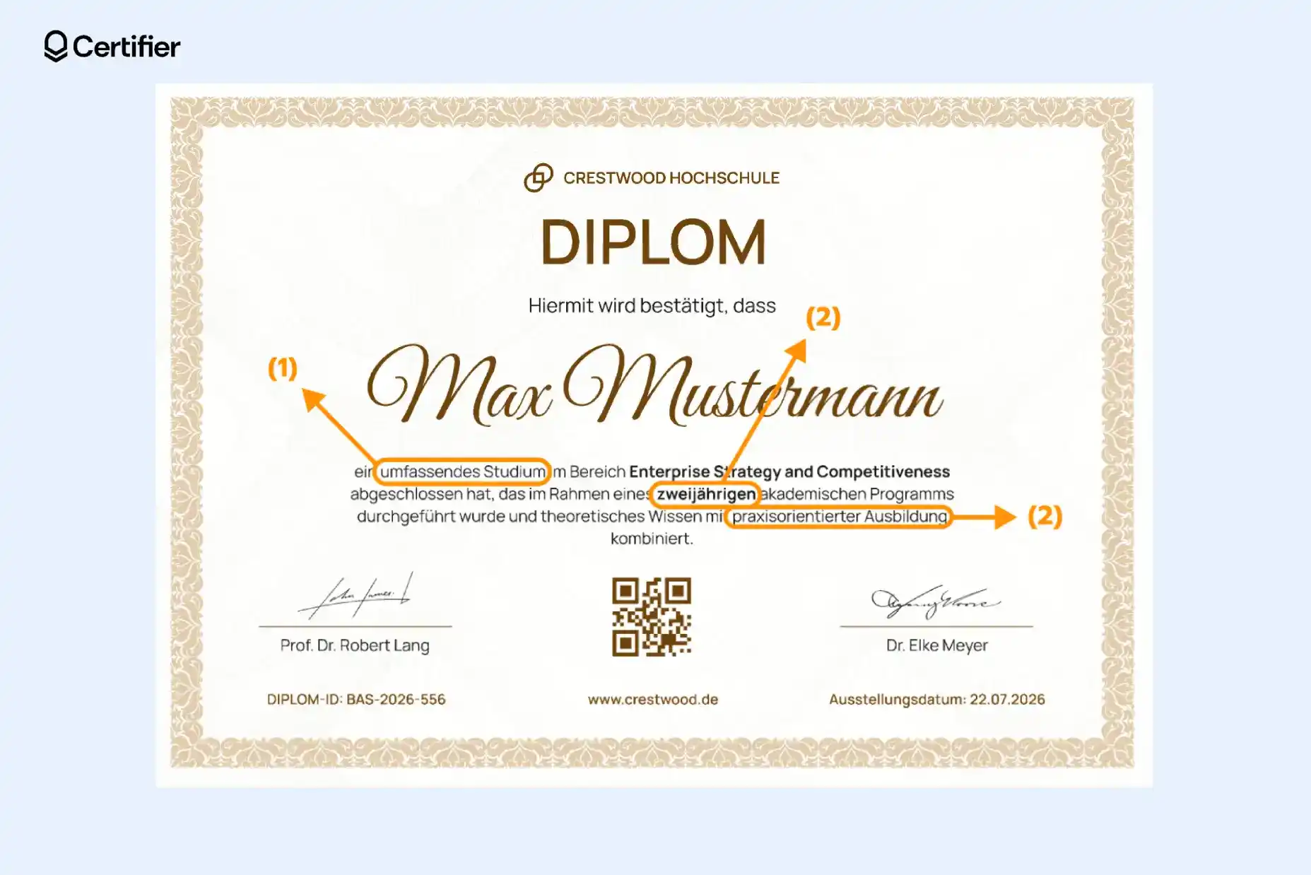 Digitales Diplom-Zertifikat mit Angaben zu Studiendauer, Ausbildungsart und Studienrichtung – ideal als Vorlage für professionelle Diplomnachweise. Digitales Diplom-Zertifikat mit Angaben zu Studiendauer, Ausbildungsart und Studienrichtung – ideal als Vorlage für professionelle Diplomnachweise.