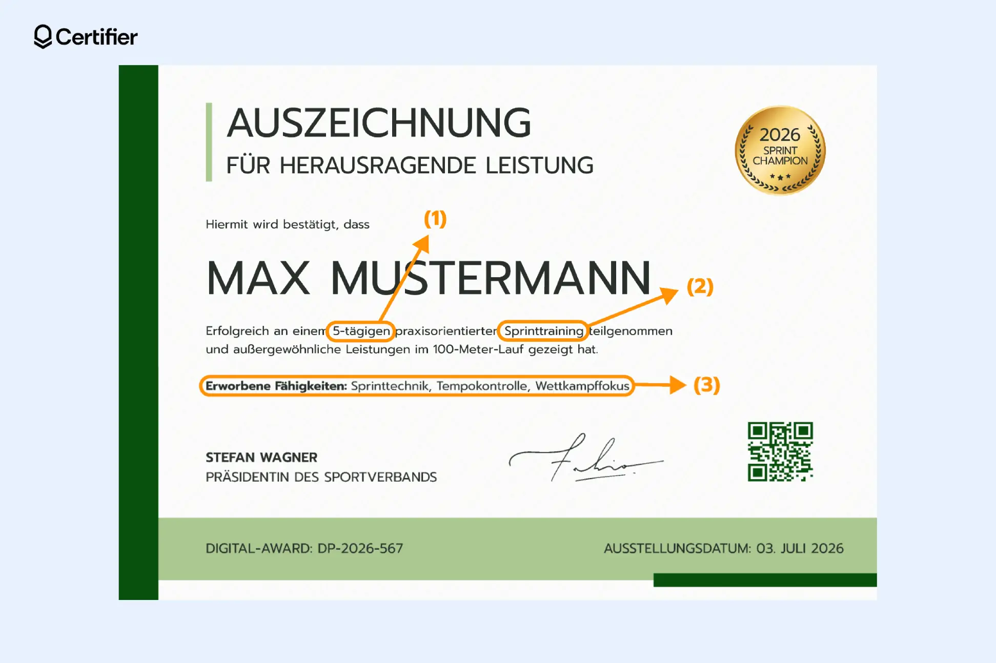 Digitale Auszeichnung für herausragende Leistung im Sprinttraining – Zertifikat mit Name, Trainingsdauer, erworbenen Fähigkeiten und Ausstellungsdatum hervorgehoben. Digitale Auszeichnung für herausragende Leistung im Sprinttraining – Zertifikat mit Name, Trainingsdauer, erworbenen Fähigkeiten und Ausstellungsdatum hervorgehoben.