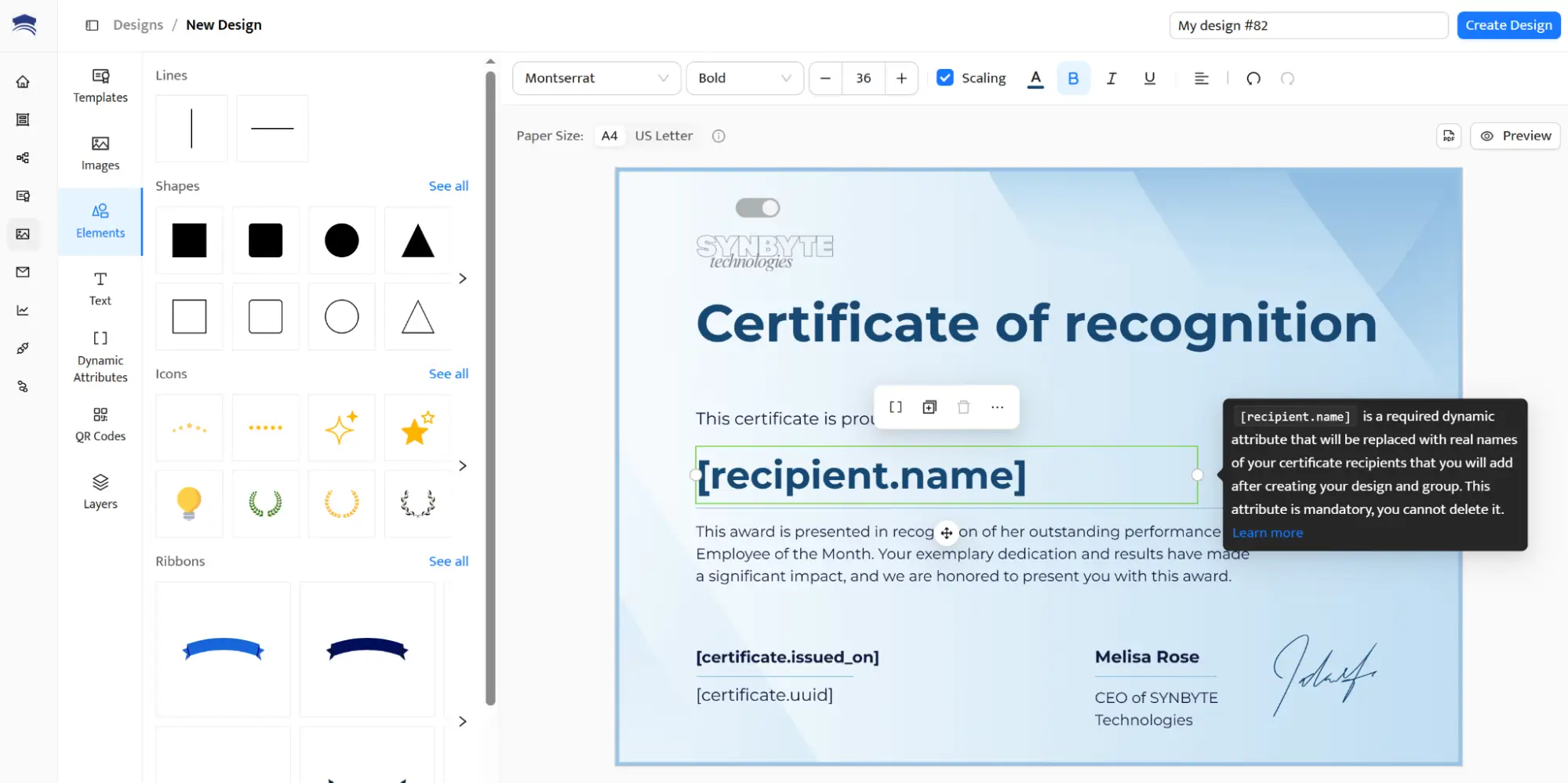 Certifier certificate editor showing how to create a certificate of recognition with dynamic fields for recipient name, date and certificate ID. Certifier certificate editor showing how to create a certificate of recognition with dynamic fields for recipient name, date and certificate ID.
