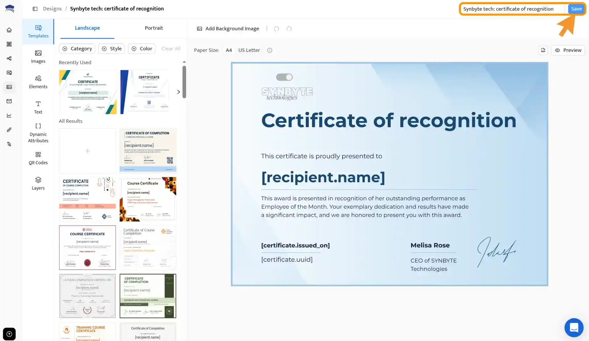 Certifier design editor showing how to save a recognition certificate template for future issuing. Certifier design editor showing how to save a recognition certificate template for future issuing.
