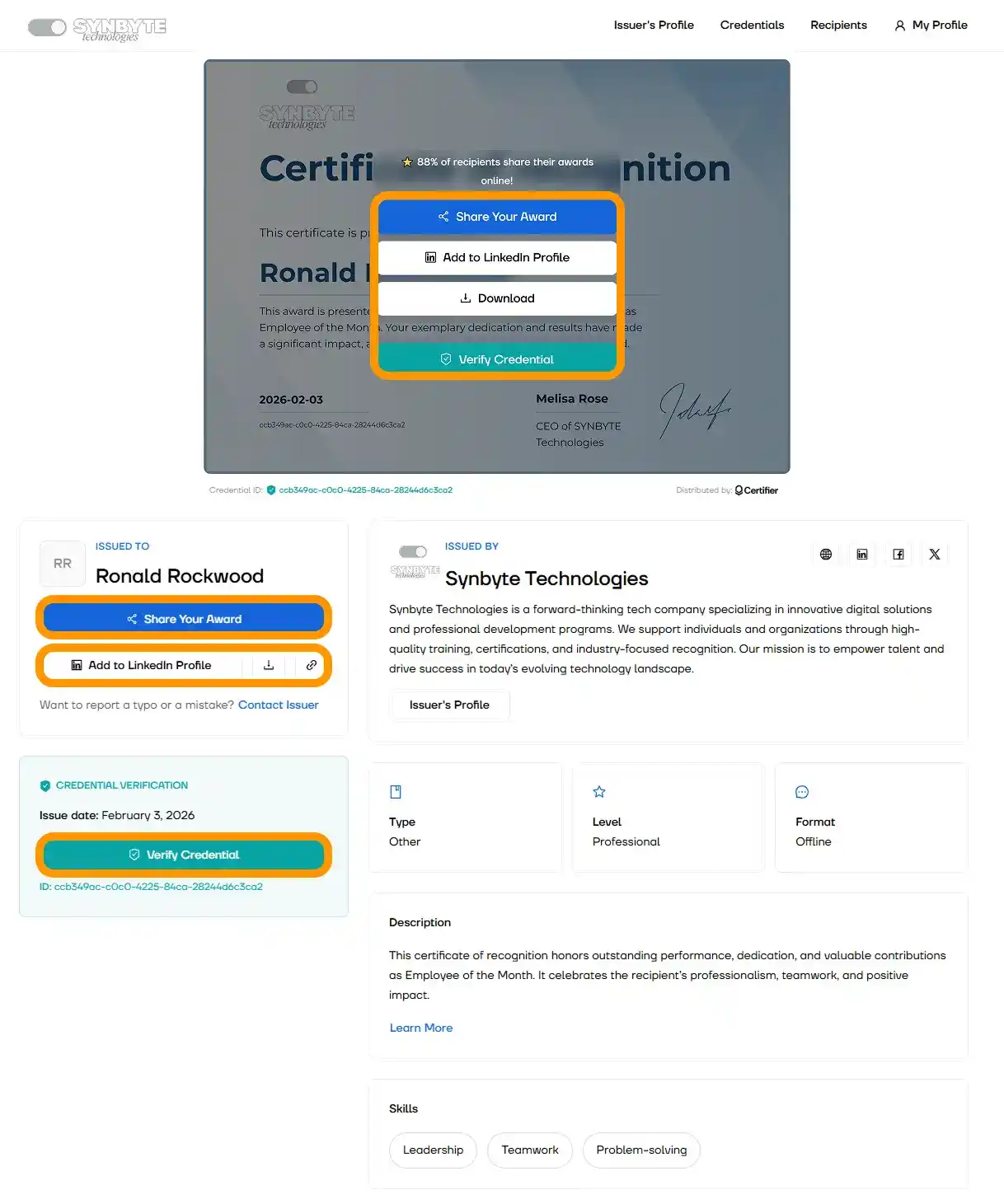 Digital certificate of recognition displayed in Certifier’s recipient wallet, showing options to download, share and verify the certificate online. Digital certificate of recognition displayed in Certifier’s recipient wallet, showing options to download, share and verify the certificate online.