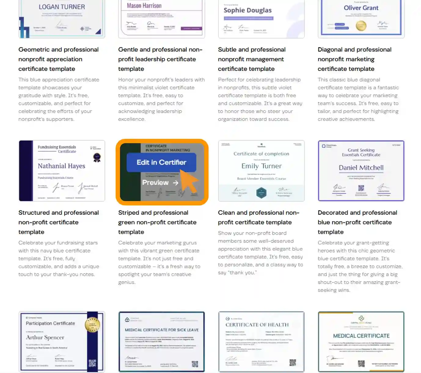 Certifier template library displaying existing certificate designs. Certifier template library displaying existing certificate designs.