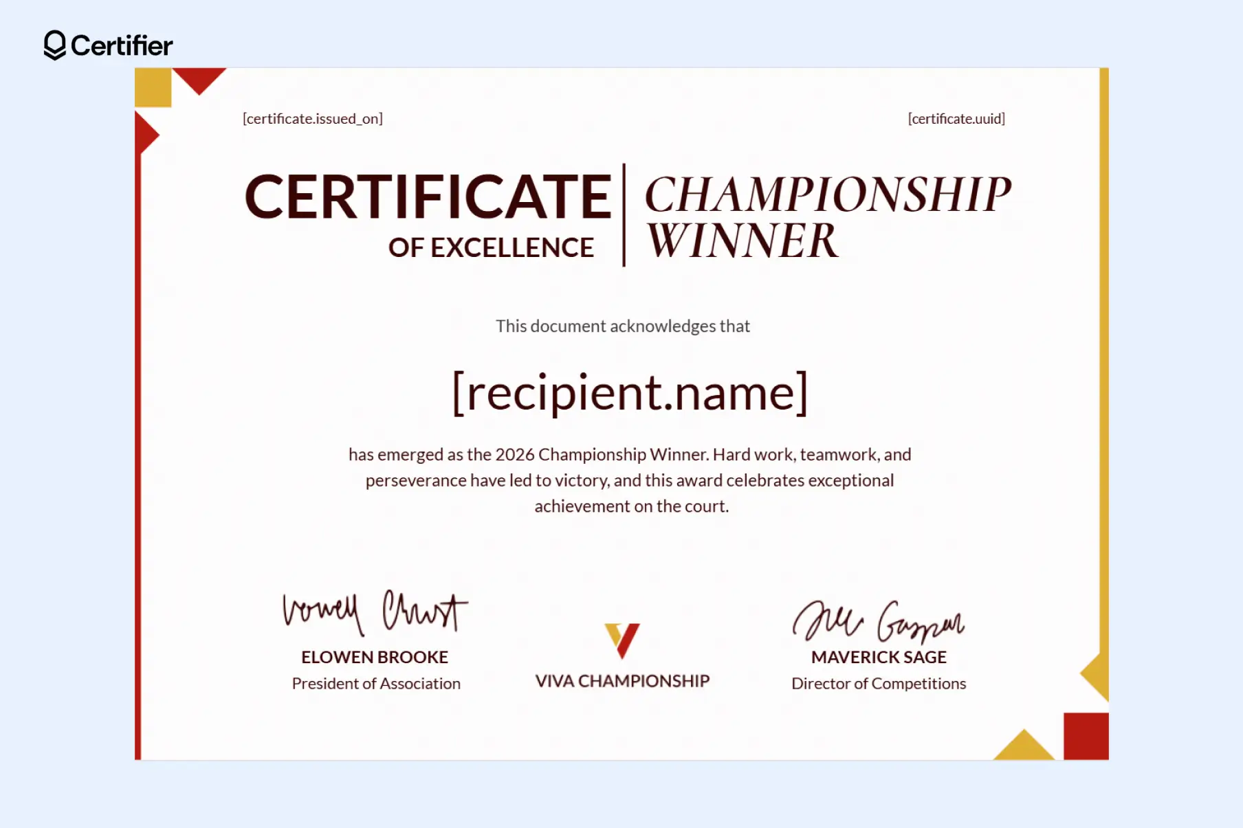 Sample certificate of recognition, highlighting a championship winner award template. Sample certificate of recognition, highlighting a championship winner award template.