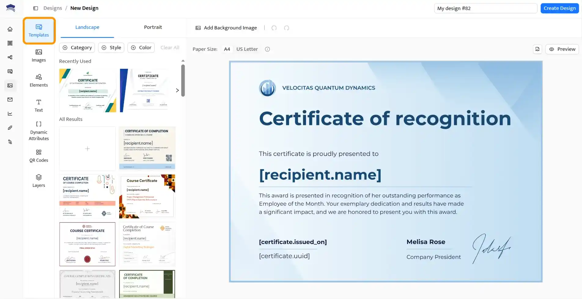Certifier editor showing how to create a certificate of recognition using a professional template. Certifier editor showing how to create a certificate of recognition using a professional template.