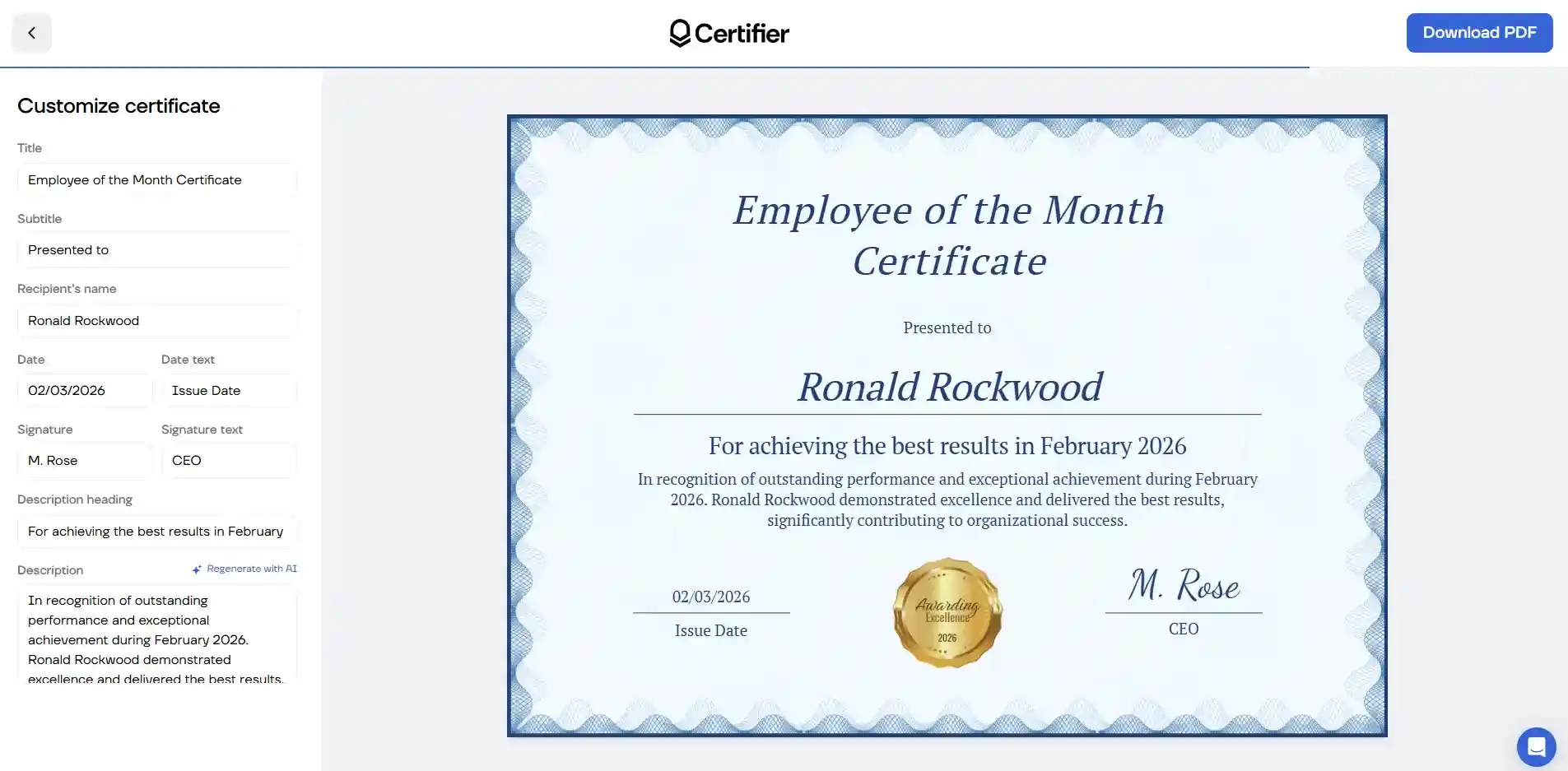 Certifier AI generator that helps you make a certificate of recognition. Certifier AI generator that helps you make a certificate of recognition.