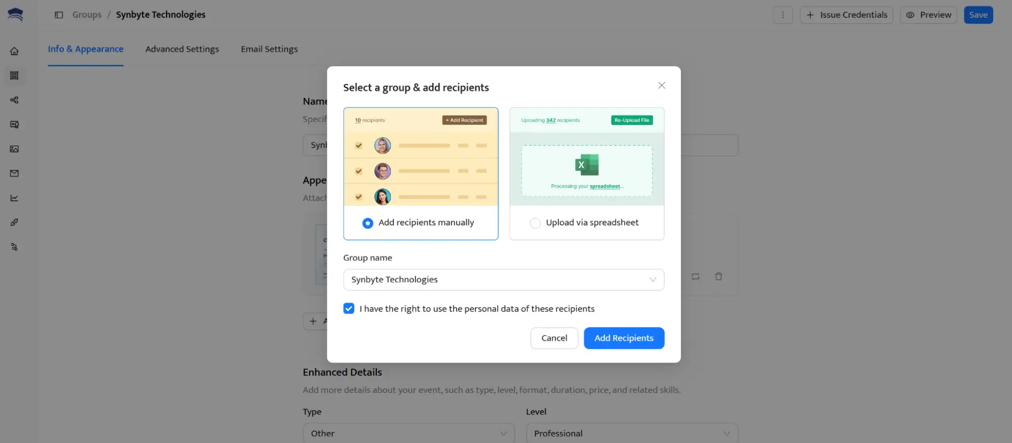 Certifier group setup screen used to issue recognition certificates in bulk by uploading recipients via spreadsheet. Certifier group setup screen used to issue recognition certificates in bulk by uploading recipients via spreadsheet.