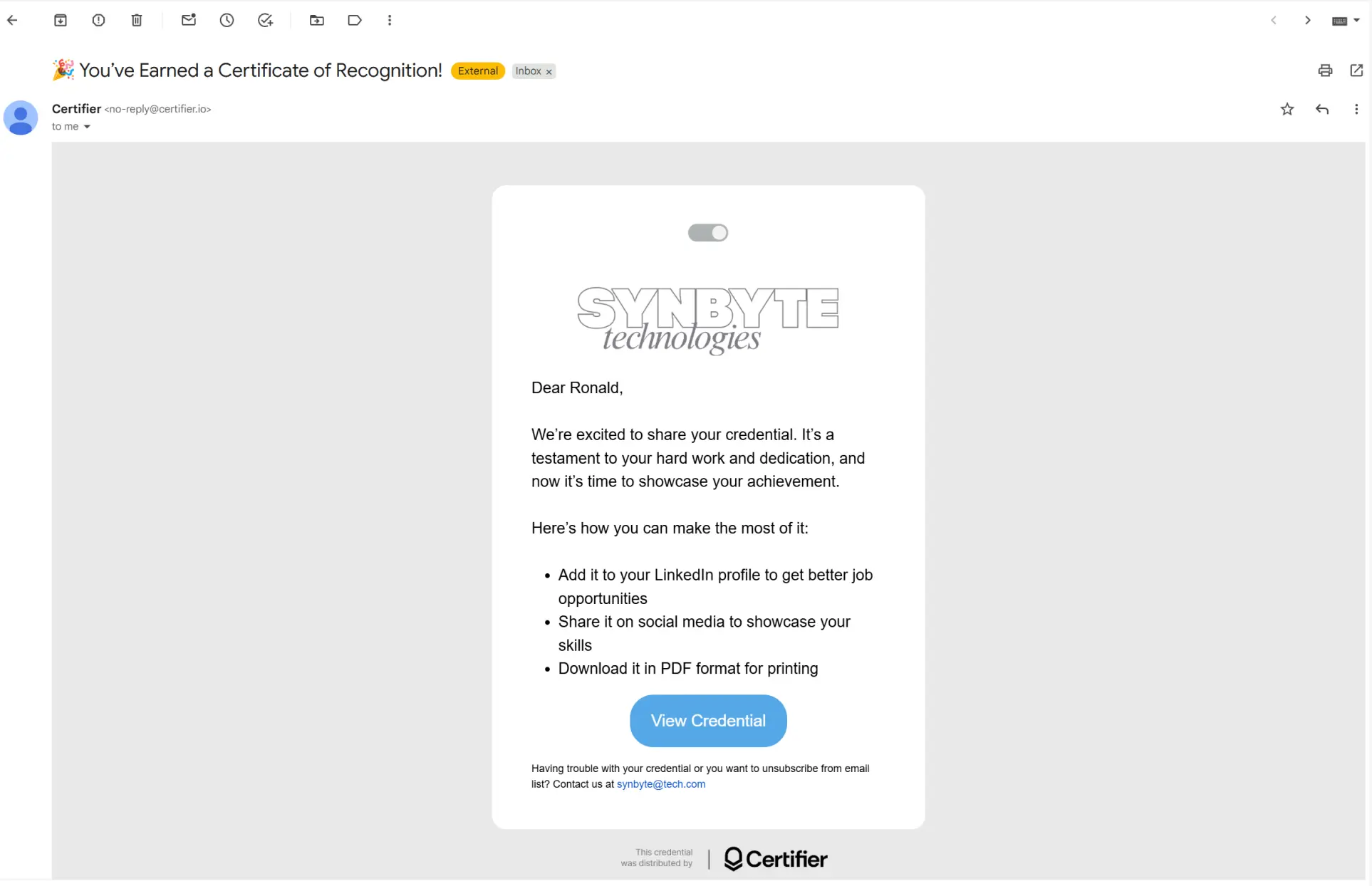 Email notification sent after issuing a certificate of recognition, allowing recipients to view, download and share their certificate online. Email notification sent after issuing a certificate of recognition, allowing recipients to view, download and share their certificate online.