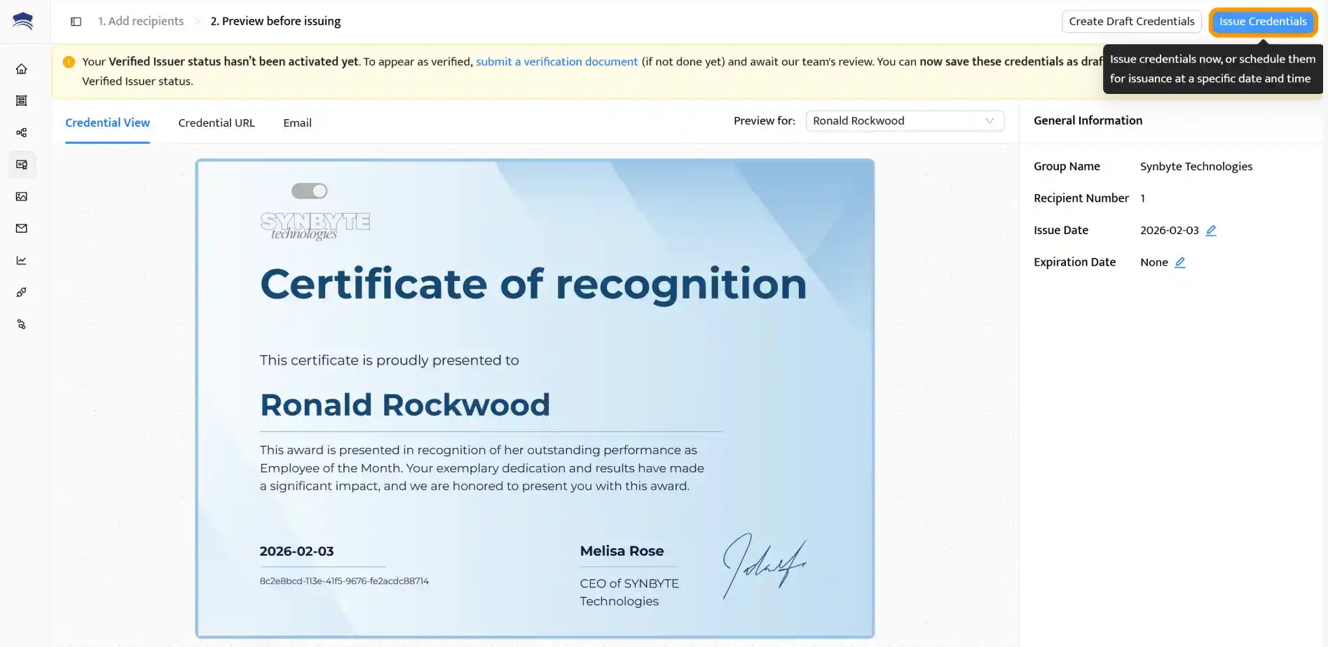 Preview screen in Certifier showing a completed recognition certificate before issuing it to recipients. Preview screen in Certifier showing a completed recognition certificate before issuing it to recipients.