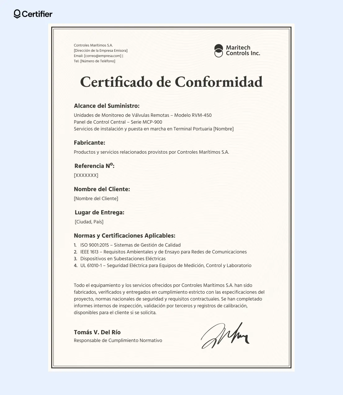 Modelo de certificado de conformidad en tonos crema, con lista de normas, alcance definido y campo para firma digital. Modelo de certificado de conformidad en tonos crema, con lista de normas, alcance definido y campo para firma digital.