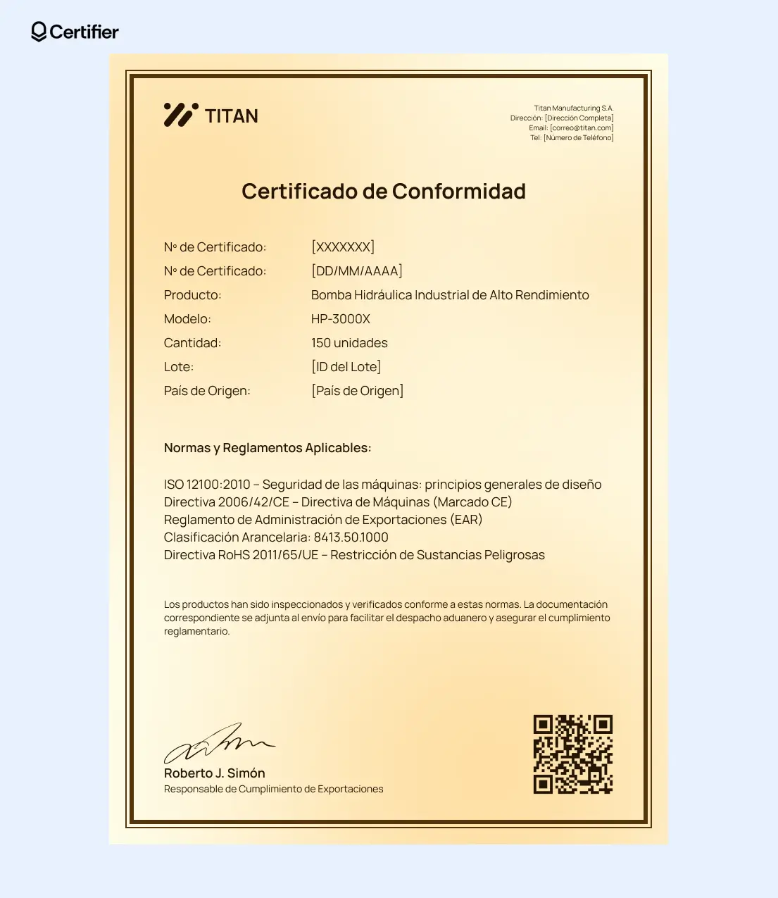 Plantilla de certificado de conformidad en tonos dorados, con secciones organizadas para certificación técnica o aduanera. Plantilla de certificado de conformidad en tonos dorados, con secciones organizadas para certificación técnica o aduanera.