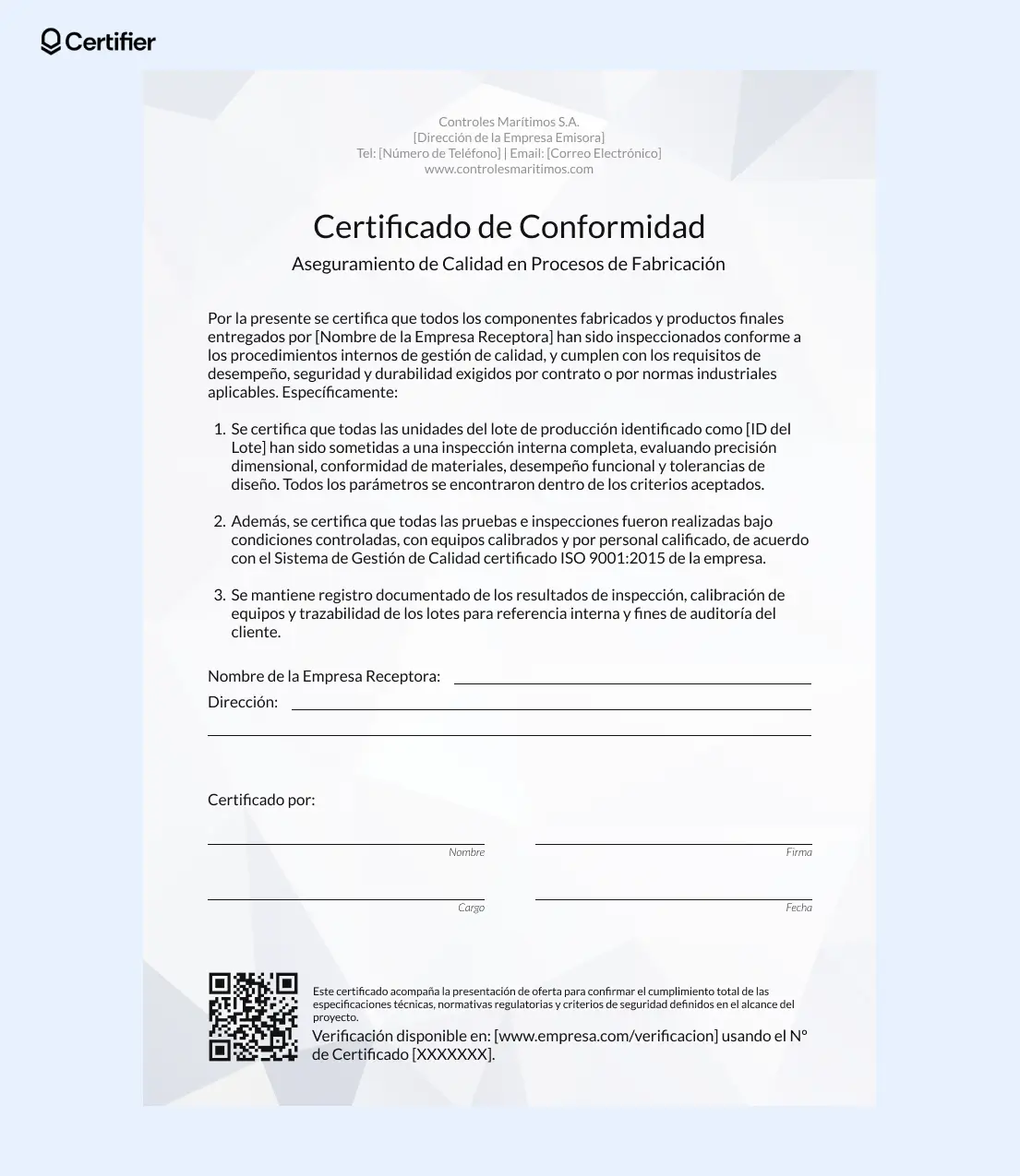 Plantilla de certificado de conformidad ejemplo con campos para datos de empresa, dirección y detalles de inspección por lotes. Plantilla de certificado de conformidad ejemplo con campos para datos de empresa, dirección y detalles de inspección por lotes.