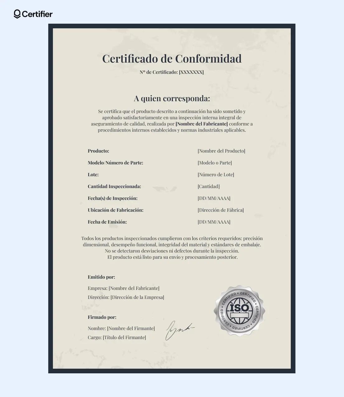 Plantilla certificado de conformidad con fondo beige, dos columnas y encabezados en serif para inspecciones formales. Plantilla certificado de conformidad con fondo beige, dos columnas y encabezados en serif para inspecciones formales.