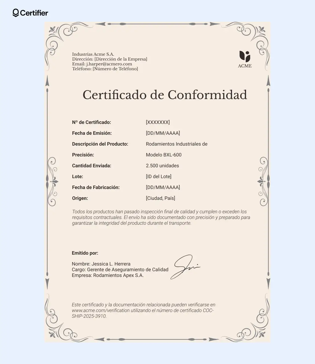 Modelo de certificado de conformidad con bordes ornamentales suaves y diseño vertical claro. Modelo de certificado de conformidad con bordes ornamentales suaves y diseño vertical claro.