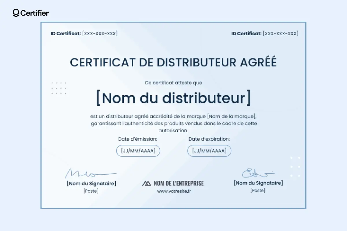 Modèle moderne de certificat de distributeur agréé, en bleu avec champs pour dates, ID et signatures. Modèle moderne de certificat de distributeur agréé, en bleu avec champs pour dates, ID et signatures.