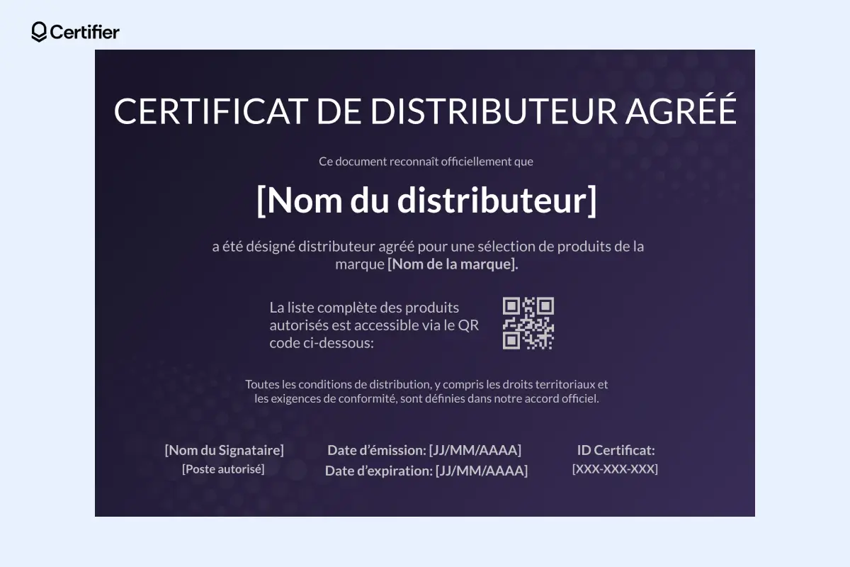 Certificat de distributeur sombre et épuré avec lien QR vers la liste complète des produits autorisés. Certificat de distributeur sombre et épuré avec lien QR vers la liste complète des produits autorisés.